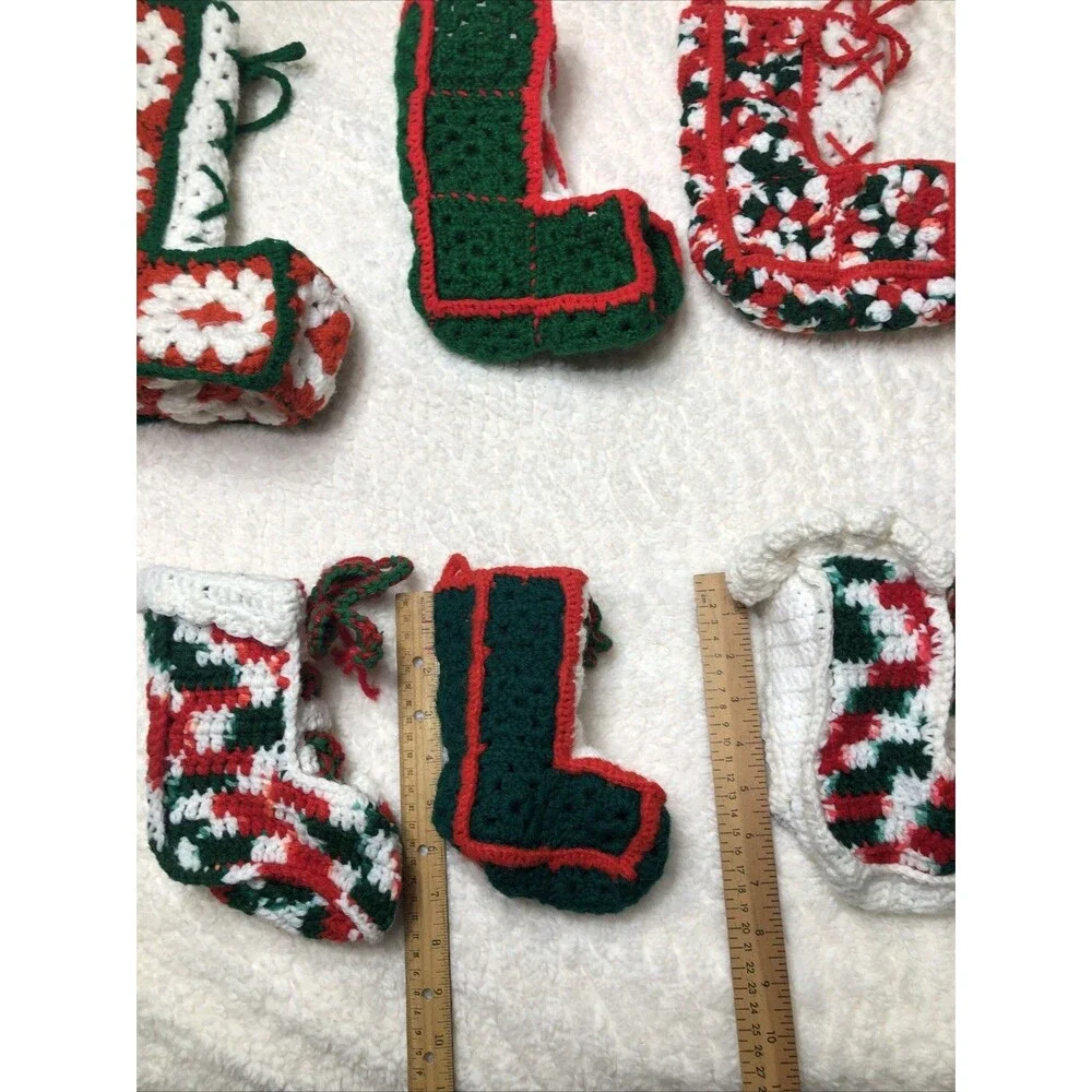 Christmas Stockings Vintage Handmade Grandma Square Crochet Red Green White 6